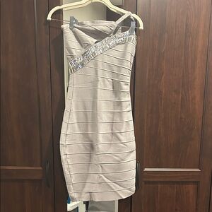 Herve Leger One Shoulder Dress in Beige with Silver Accents